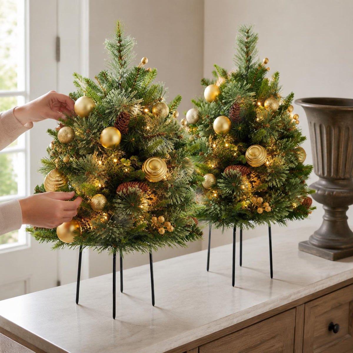 Set of 2 Pre-Lit Mini Christmas Tree Urn Fillers, 30 Inch Artificial Pine Trees with Gold Ornaments, Battery Porch Decor
