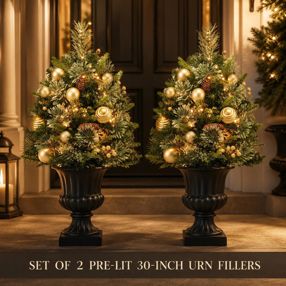 Set of 2 Pre-Lit Mini Christmas Tree Urn Fillers, 30 Inch Artificial Pine Trees with Gold Ornaments, Battery Porch Decor