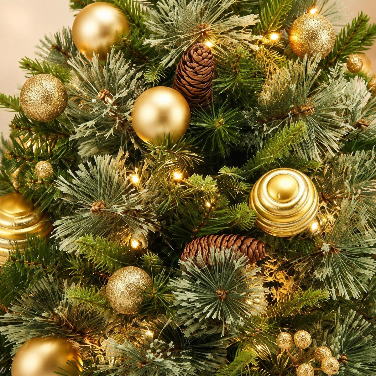 Set of 2 Pre-Lit Mini Christmas Tree Urn Fillers, 30 Inch Artificial Pine Trees with Gold Ornaments, Battery Porch Decor