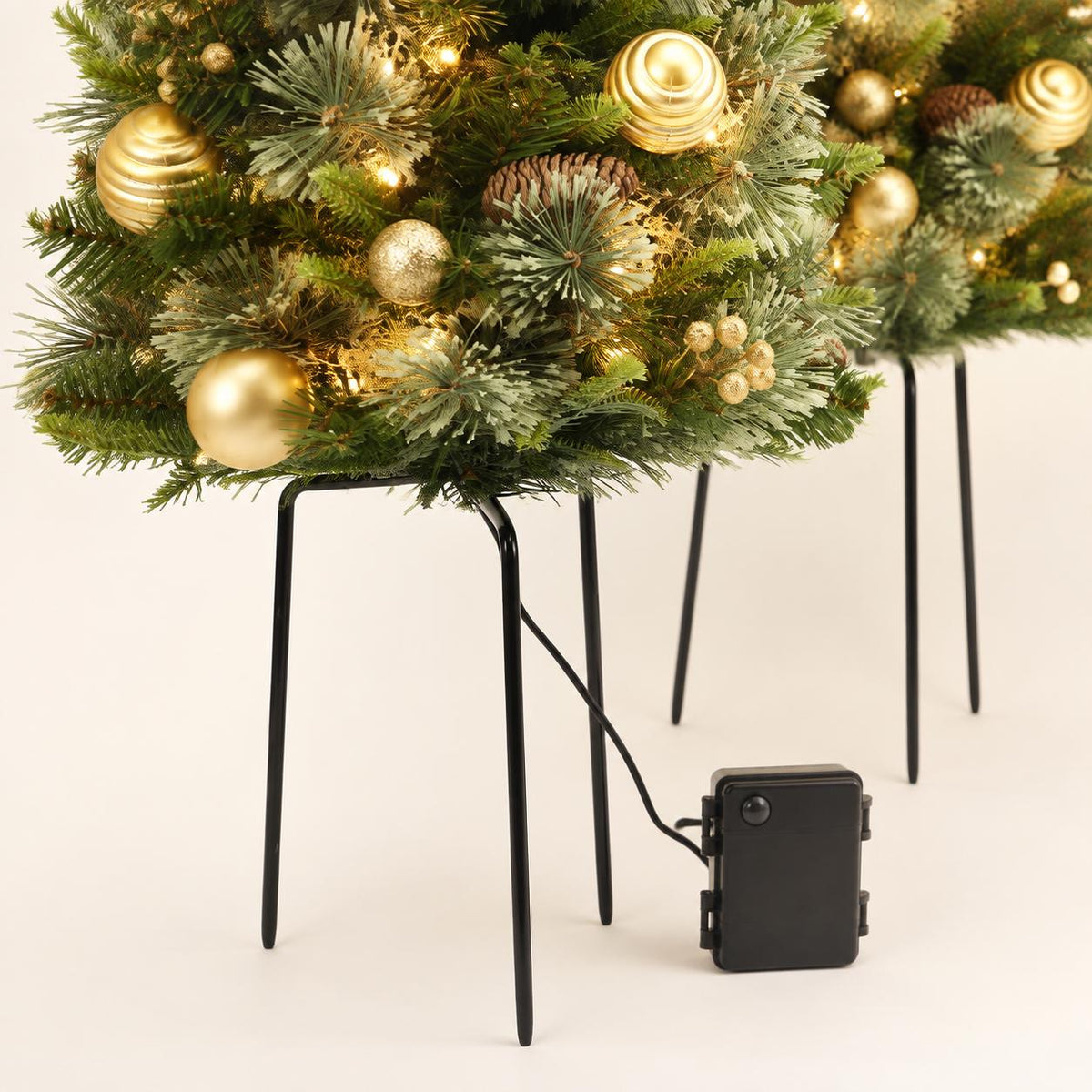 Set of 2 Pre-Lit Mini Christmas Tree Urn Fillers, 30 Inch Artificial Pine Trees with Gold Ornaments, Battery Porch Decor