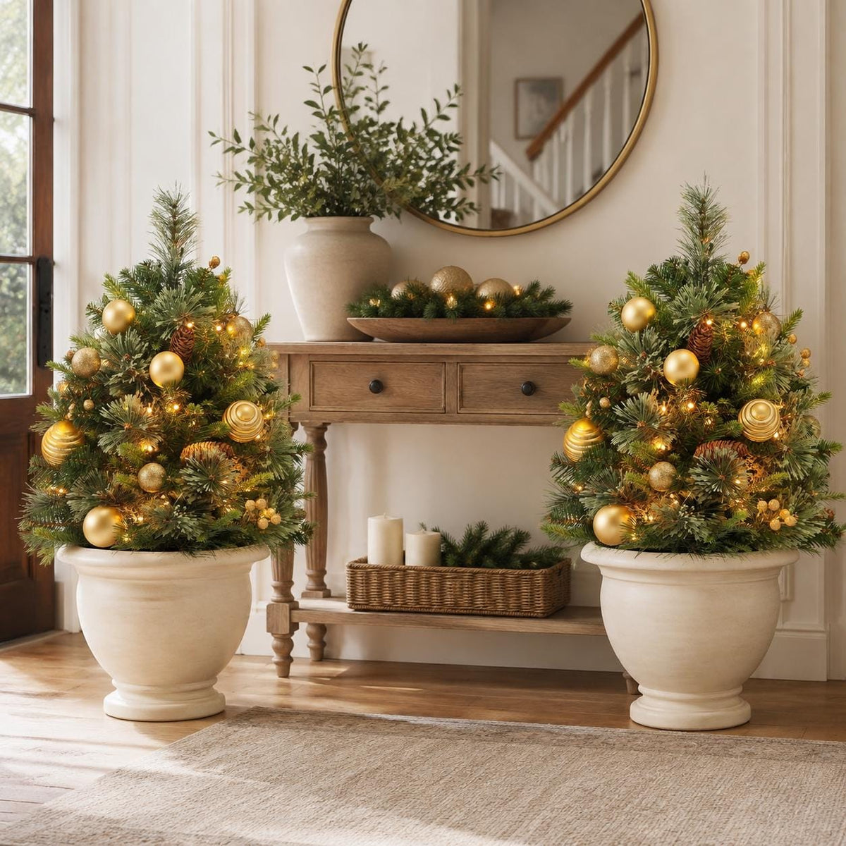 Set of 2 Pre-Lit Mini Christmas Tree Urn Fillers, 30 Inch Artificial Pine Trees with Gold Ornaments, Battery Porch Decor