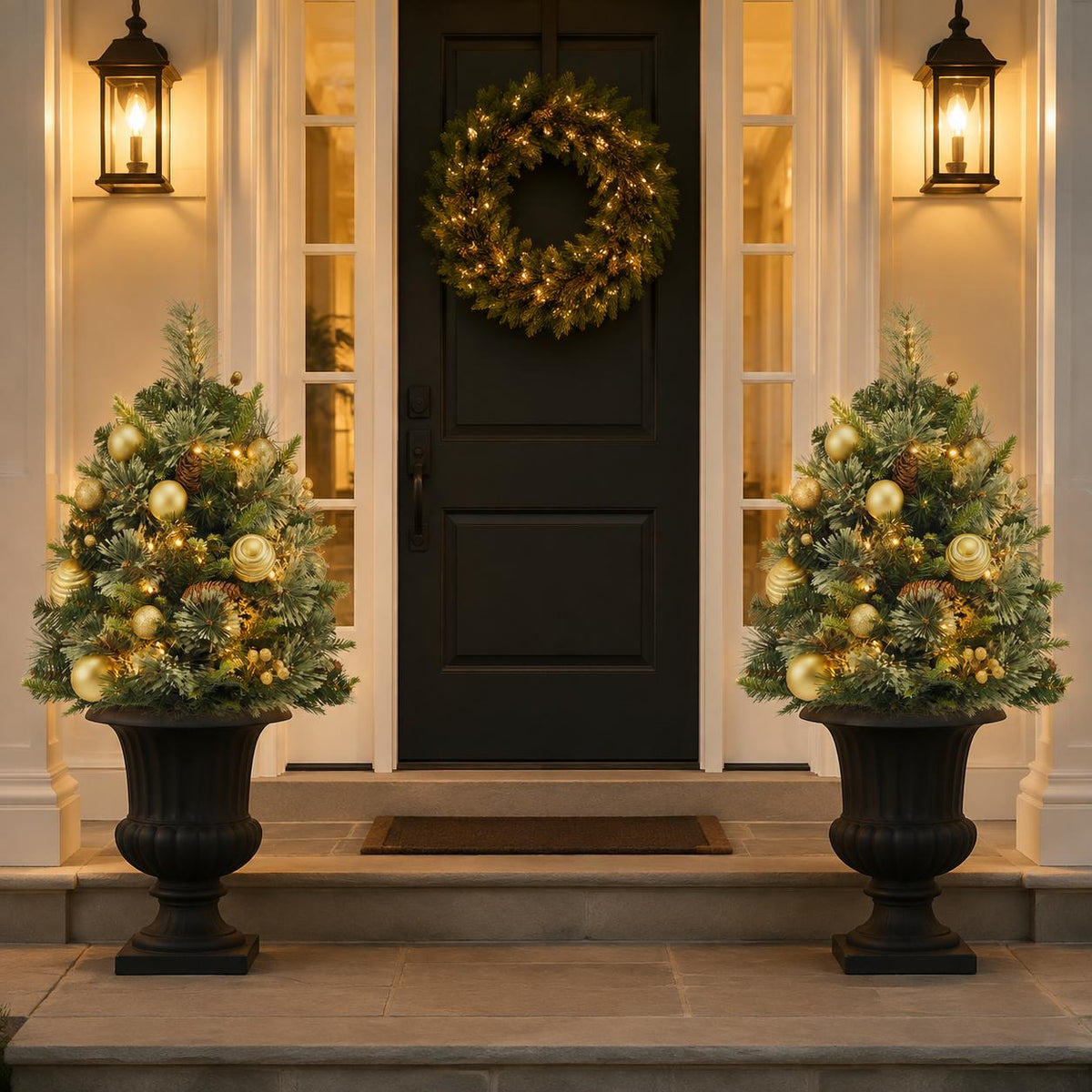 Set of 2 Pre-Lit Mini Christmas Tree Urn Fillers, 30 Inch Artificial Pine Trees with Gold Ornaments, Battery Porch Decor