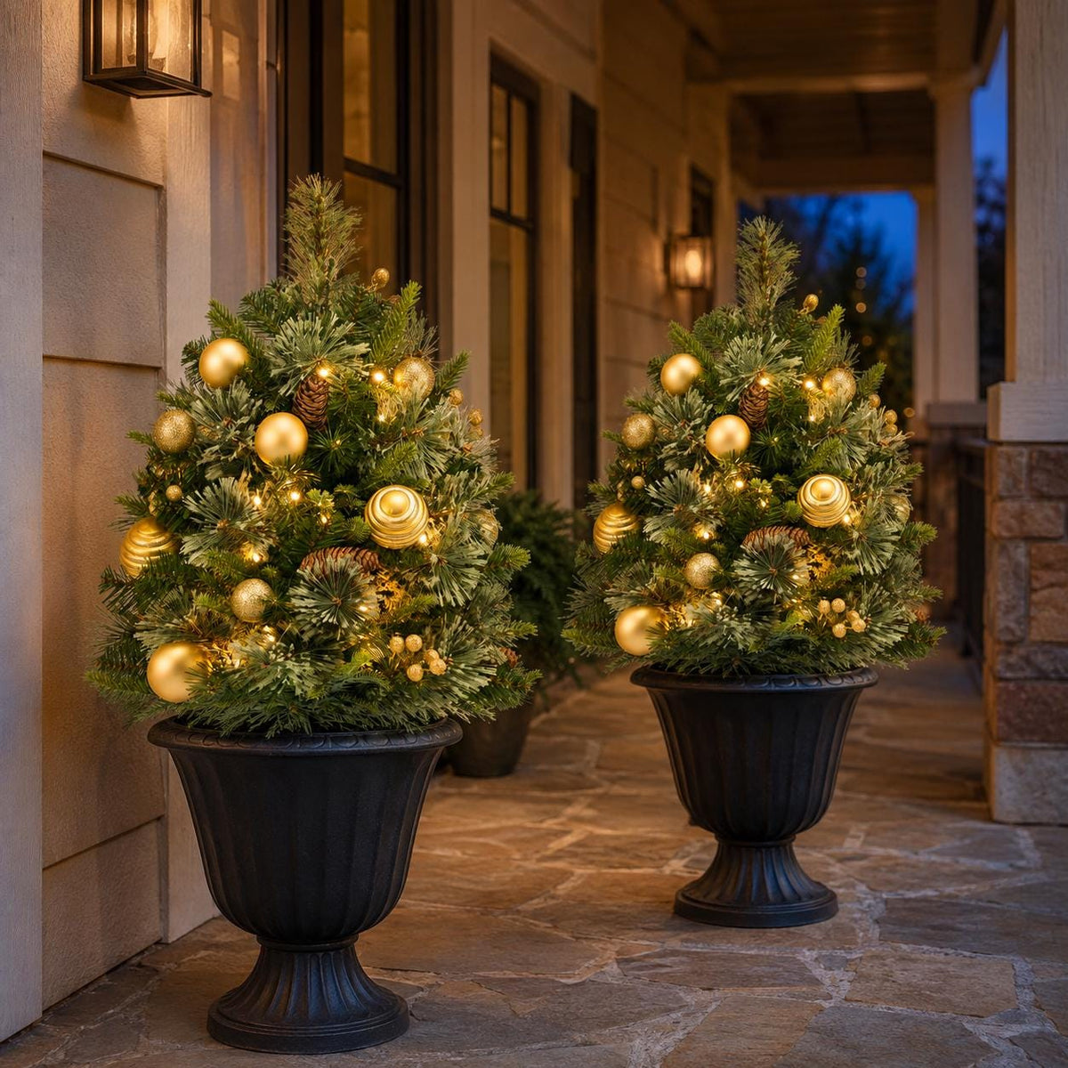 Set of 2 Pre-Lit Mini Christmas Tree Urn Fillers, 30 Inch Artificial Pine Trees with Gold Ornaments, Battery Porch Decor