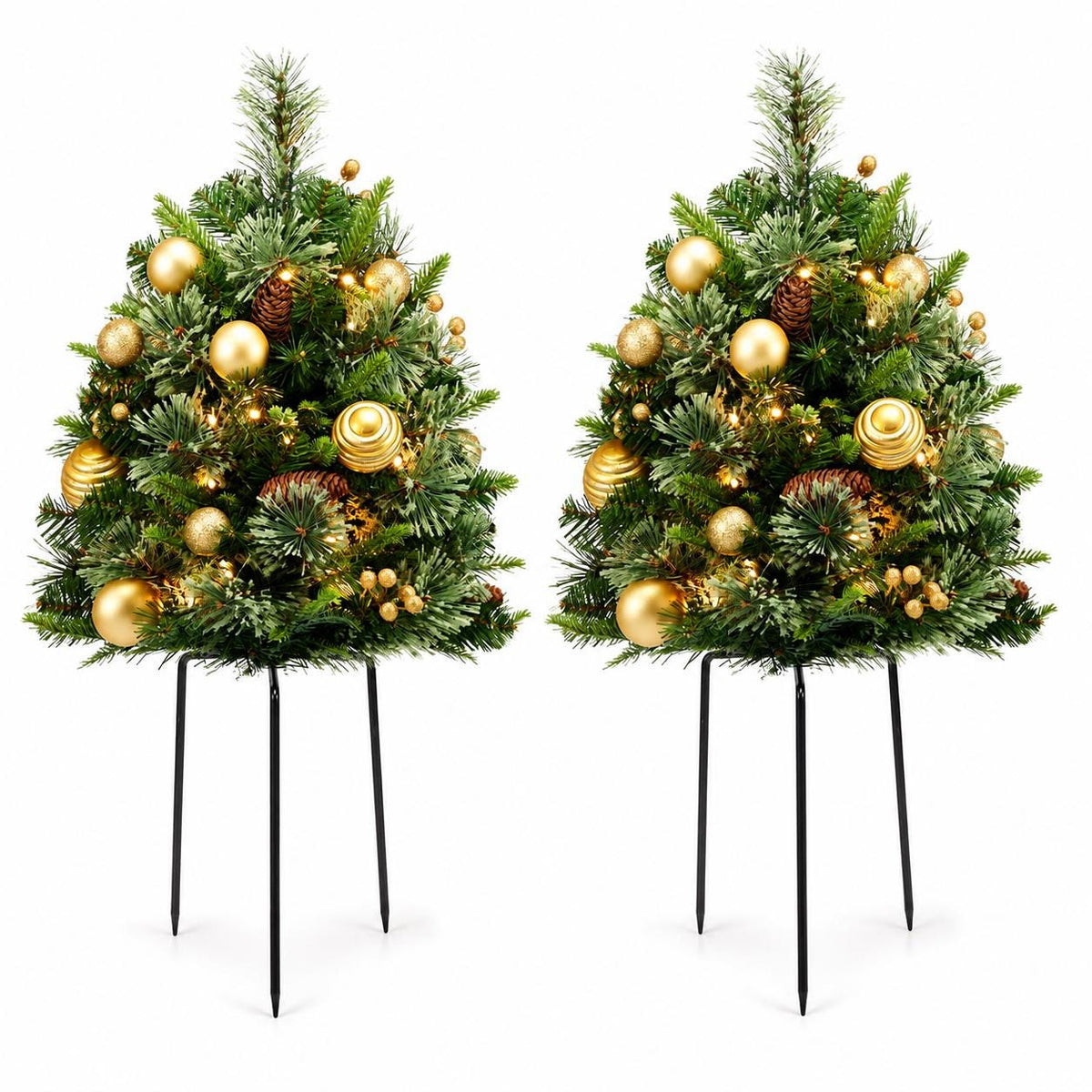 Set of 2 Pre-Lit Mini Christmas Tree Urn Fillers, 30 Inch Artificial Pine Trees with Gold Ornaments, Battery Porch Decor