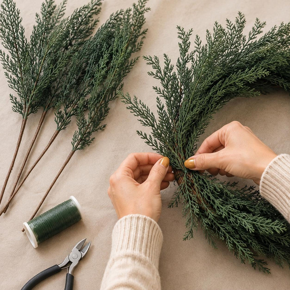 16 Artificial Norfolk Pine Stems, 18 Inch Soft Touch Cedar Greenery Branches for Christmas Wreaths, Garlands and Vase Filler