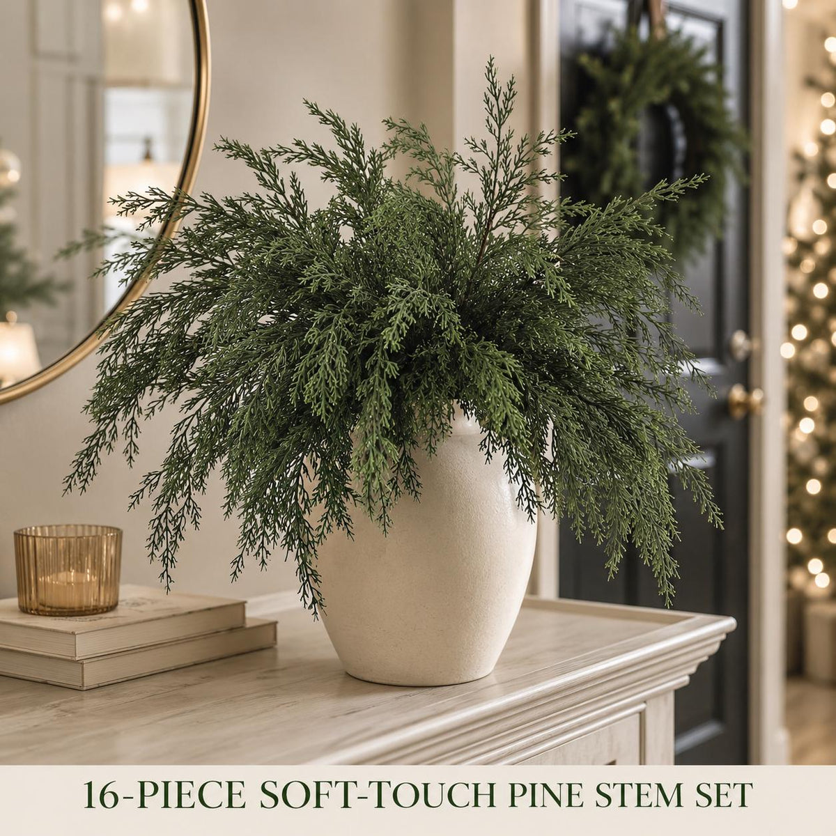 16 Artificial Norfolk Pine Stems, 18 Inch Soft Touch Cedar Greenery Branches for Christmas Wreaths, Garlands and Vase Filler