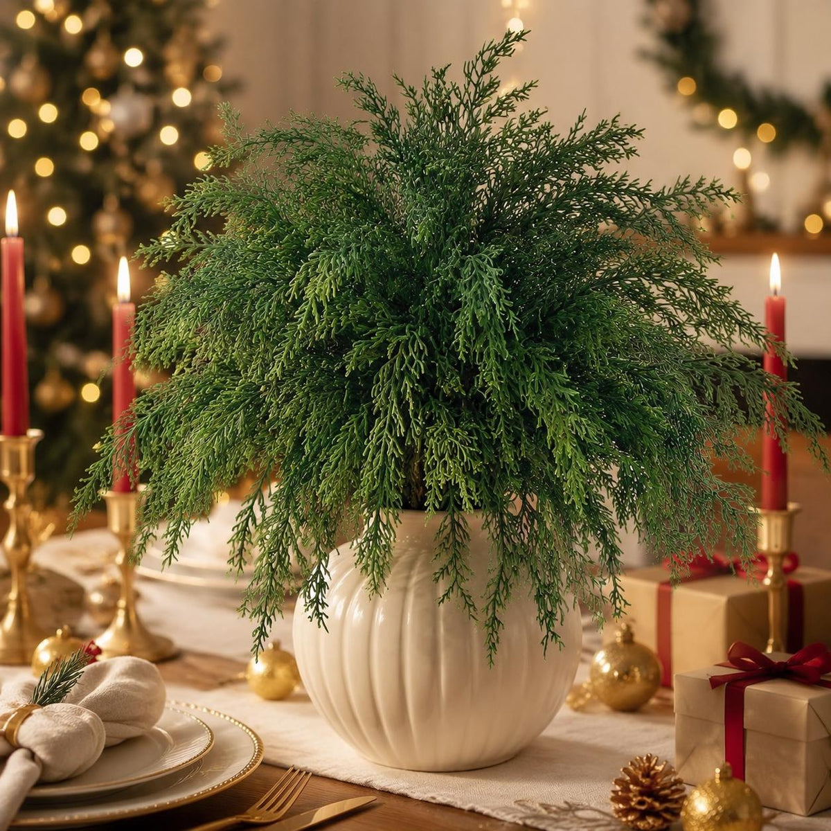 16 Artificial Norfolk Pine Stems, 18 Inch Soft Touch Cedar Greenery Branches for Christmas Wreaths, Garlands and Vase Filler
