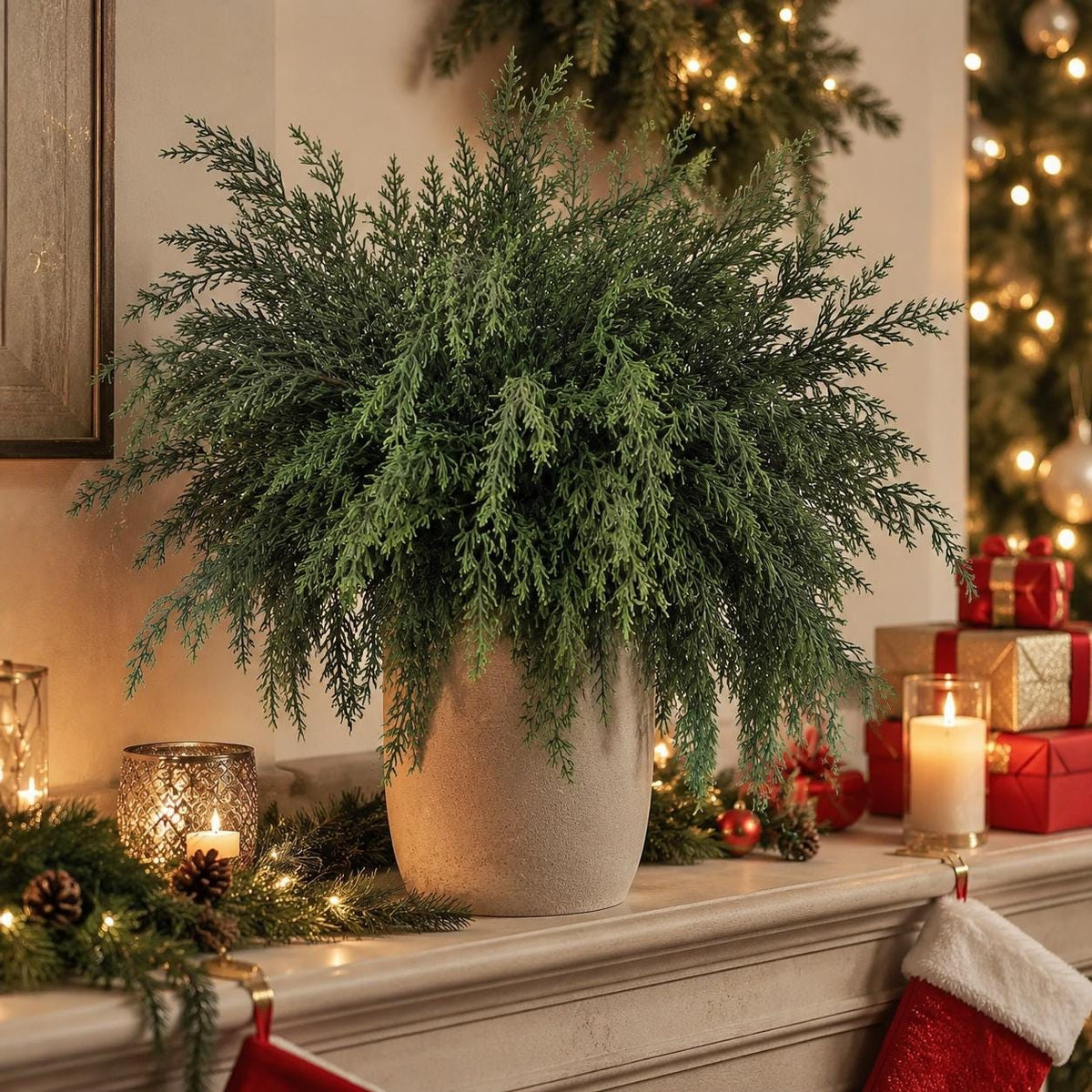 16 Artificial Norfolk Pine Stems, 18 Inch Soft Touch Cedar Greenery Branches for Christmas Wreaths, Garlands and Vase Filler