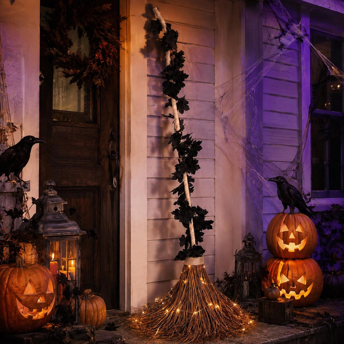6 Ft Lighted Witch Broom, Giant Halloween Porch Decor, Oversized Rustic Broomstick with Warm Lights and Black Maple Leaves