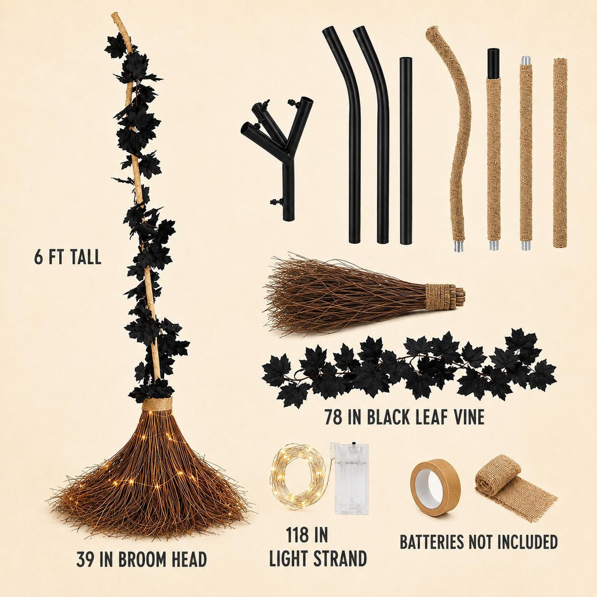 6 Ft Lighted Witch Broom, Giant Halloween Porch Decor, Oversized Rustic Broomstick with Warm Lights and Black Maple Leaves