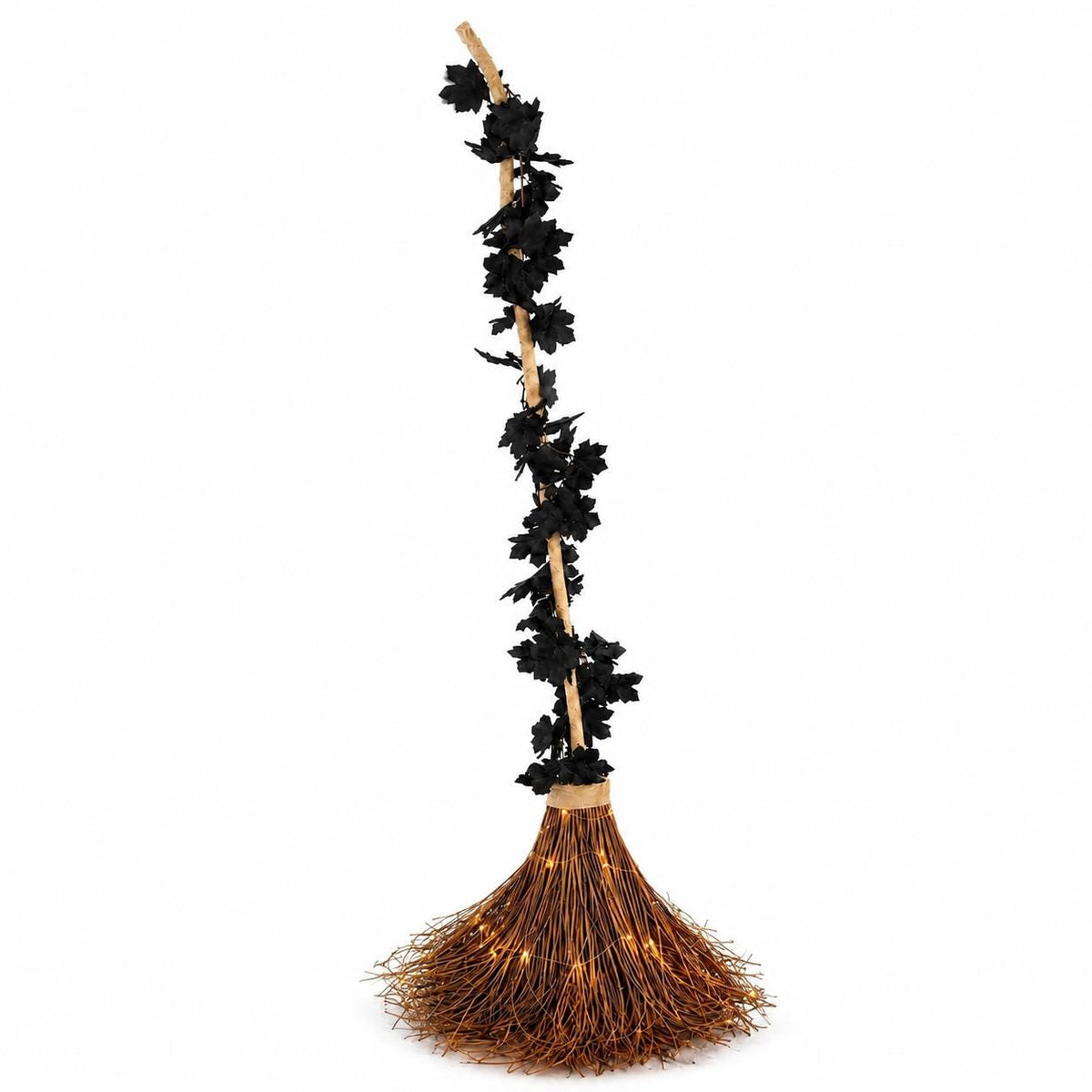 6 Ft Lighted Witch Broom, Giant Halloween Porch Decor, Oversized Rustic Broomstick with Warm Lights and Black Maple Leaves
