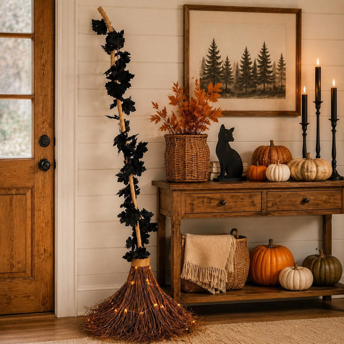 6 Ft Lighted Witch Broom, Giant Halloween Porch Decor, Oversized Rustic Broomstick with Warm Lights and Black Maple Leaves