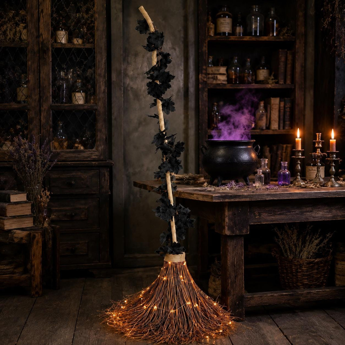 6 Ft Lighted Witch Broom, Giant Halloween Porch Decor, Oversized Rustic Broomstick with Warm Lights and Black Maple Leaves