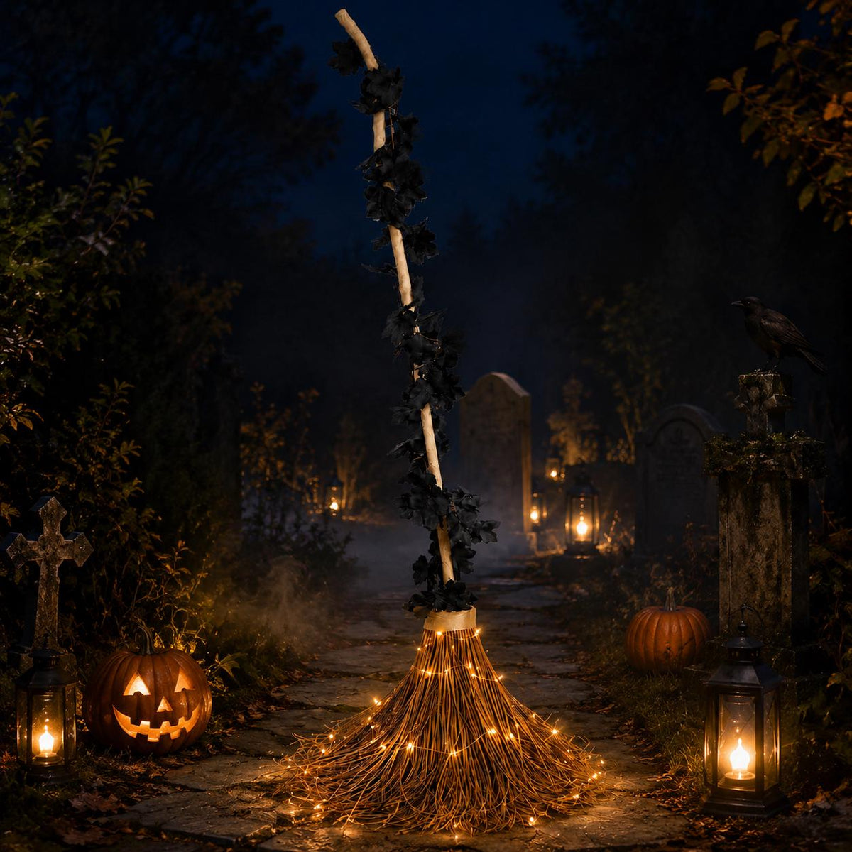 6 Ft Lighted Witch Broom, Giant Halloween Porch Decor, Oversized Rustic Broomstick with Warm Lights and Black Maple Leaves