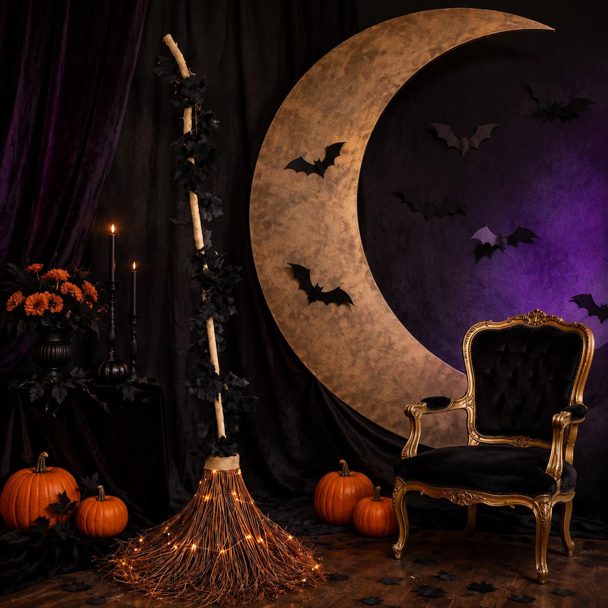 6 Ft Lighted Witch Broom, Giant Halloween Porch Decor, Oversized Rustic Broomstick with Warm Lights and Black Maple Leaves