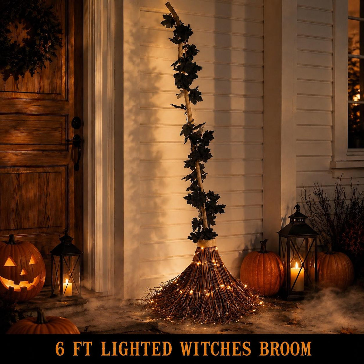 6 Ft Lighted Witch Broom, Giant Halloween Porch Decor, Oversized Rustic Broomstick with Warm Lights and Black Maple Leaves