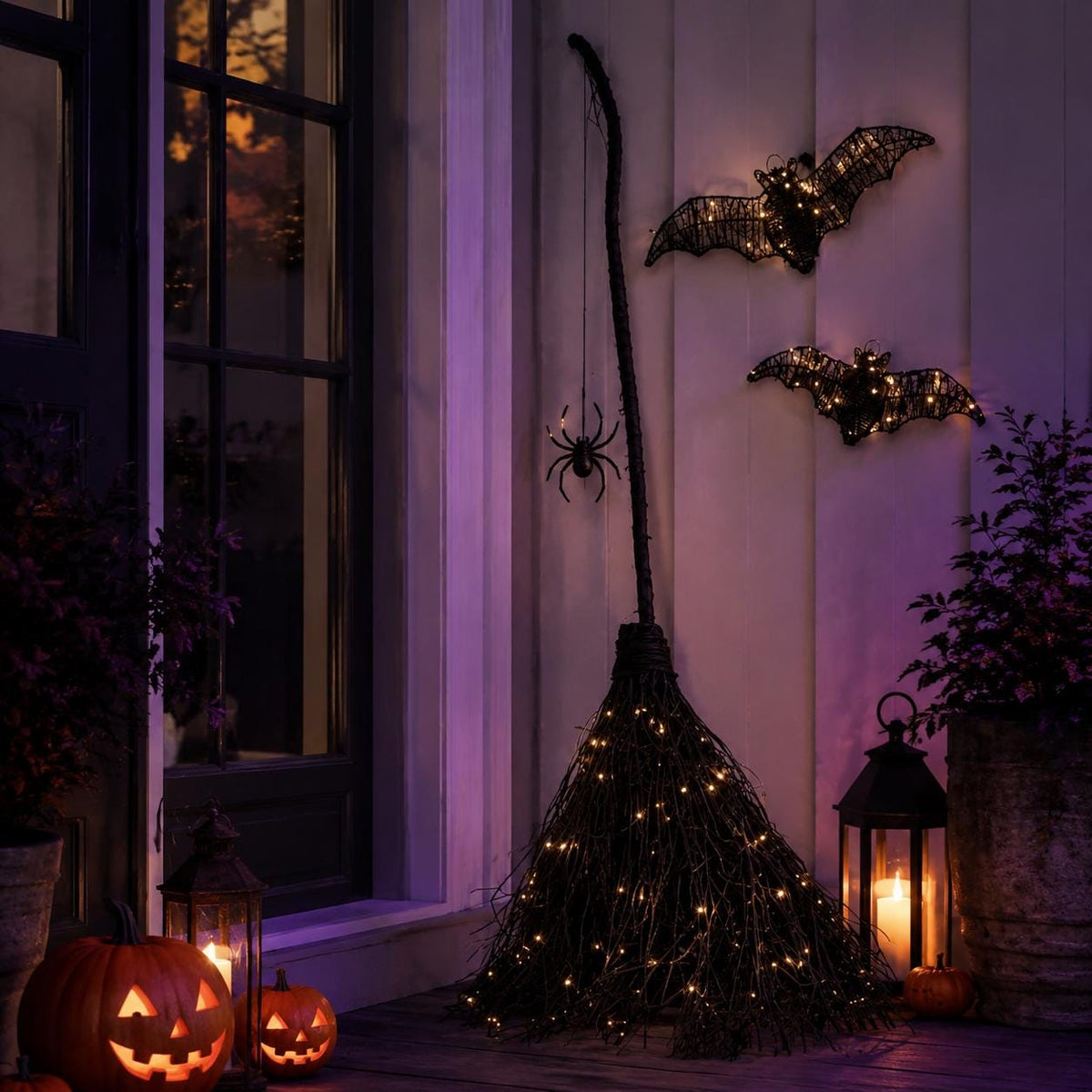 5-Piece Lighted Witch Broom Set, 4 Ft Black Rattan Halloween Porch Decor with Bats and Spider Wall Hangings
