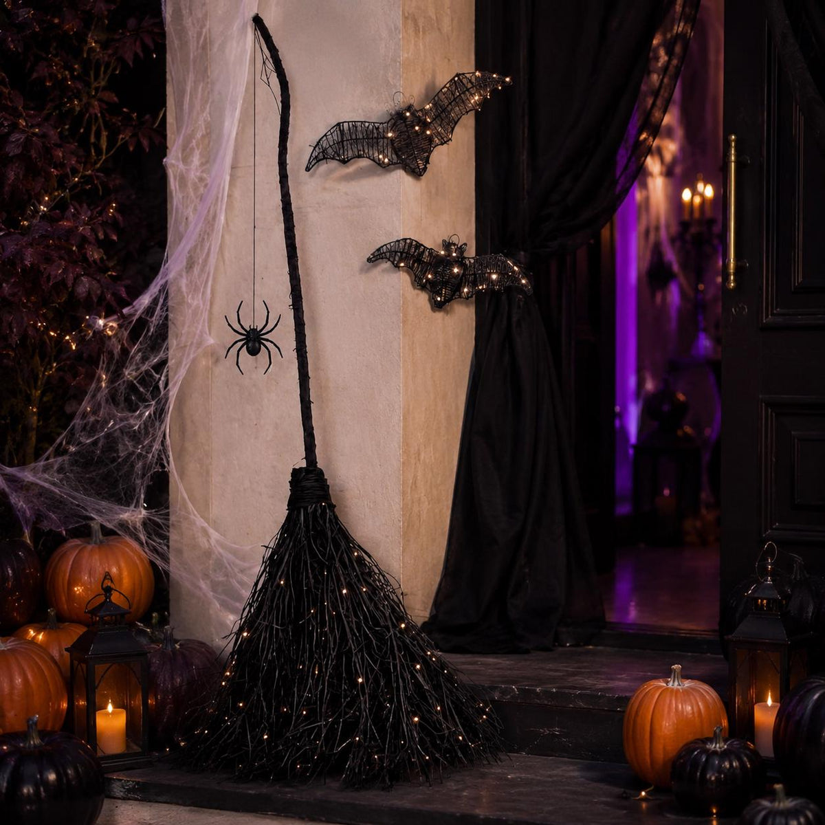 5-Piece Lighted Witch Broom Set, 4 Ft Black Rattan Halloween Porch Decor with Bats and Spider Wall Hangings