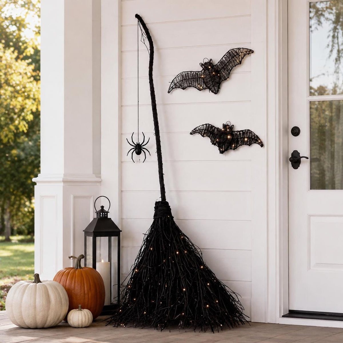 5-Piece Lighted Witch Broom Set, 4 Ft Black Rattan Halloween Porch Decor with Bats and Spider Wall Hangings
