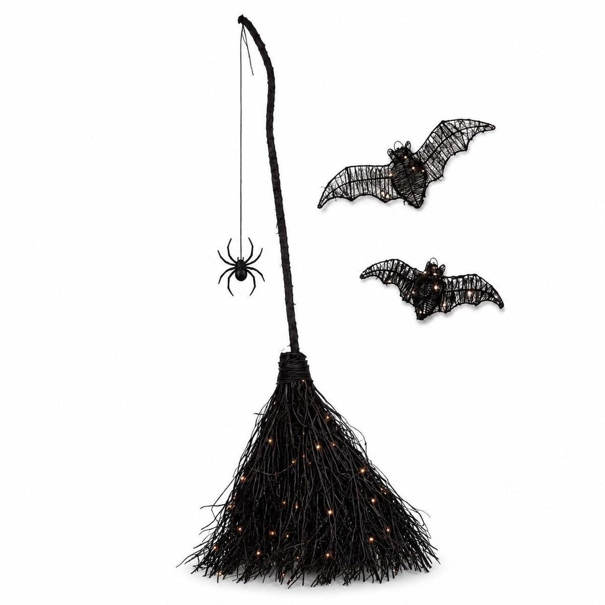 5-Piece Lighted Witch Broom Set, 4 Ft Black Rattan Halloween Porch Decor with Bats and Spider Wall Hangings