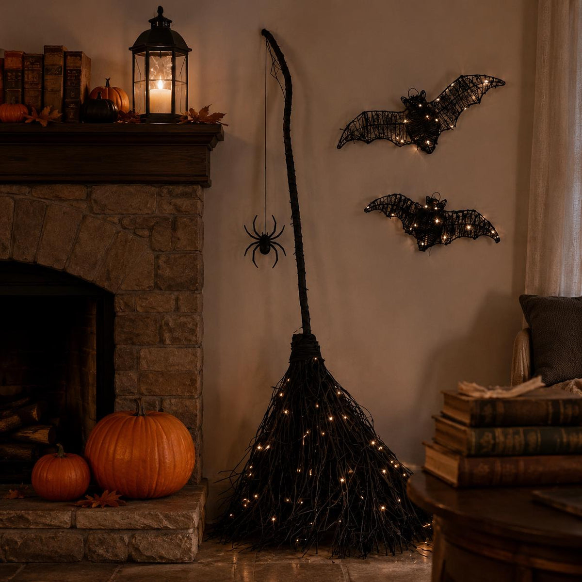 5-Piece Lighted Witch Broom Set, 4 Ft Black Rattan Halloween Porch Decor with Bats and Spider Wall Hangings