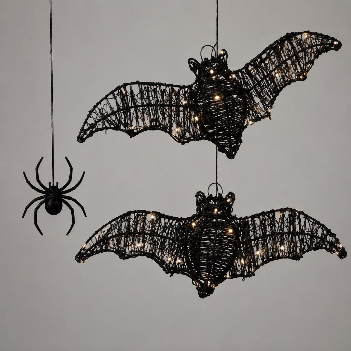 5-Piece Lighted Witch Broom Set, 4 Ft Black Rattan Halloween Porch Decor with Bats and Spider Wall Hangings