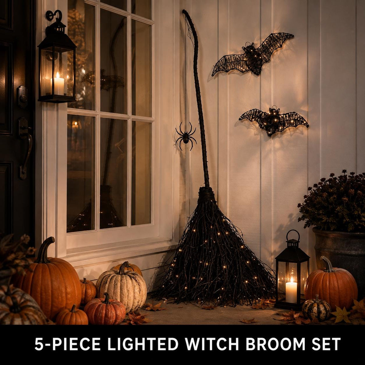 5-Piece Lighted Witch Broom Set, 4 Ft Black Rattan Halloween Porch Decor with Bats and Spider Wall Hangings