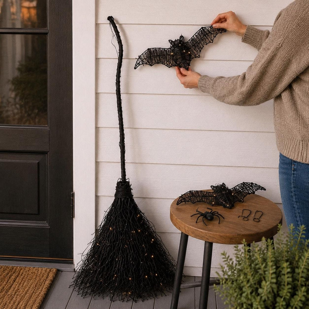 5-Piece Lighted Witch Broom Set, 4 Ft Black Rattan Halloween Porch Decor with Bats and Spider Wall Hangings