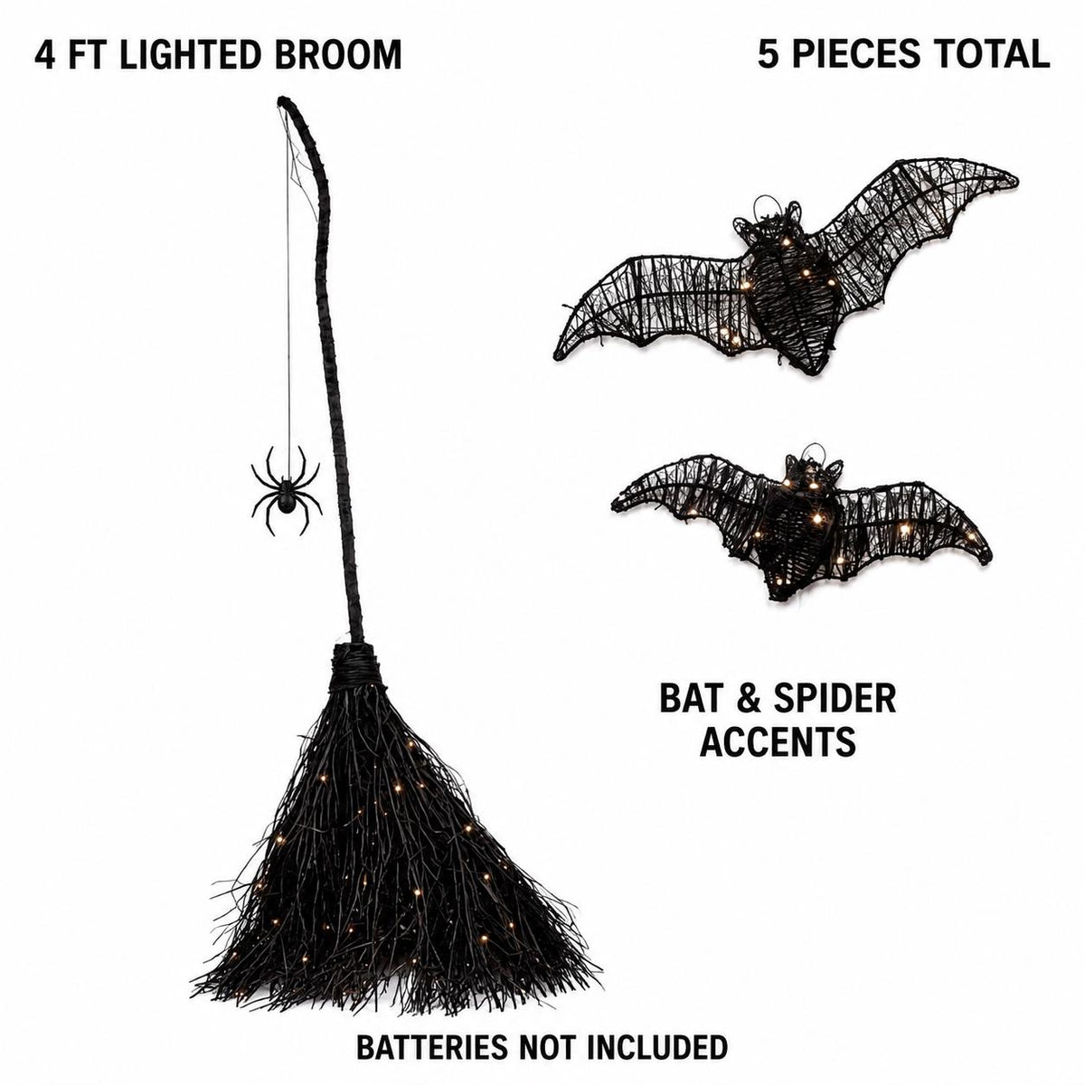 5-Piece Lighted Witch Broom Set, 4 Ft Black Rattan Halloween Porch Decor with Bats and Spider Wall Hangings