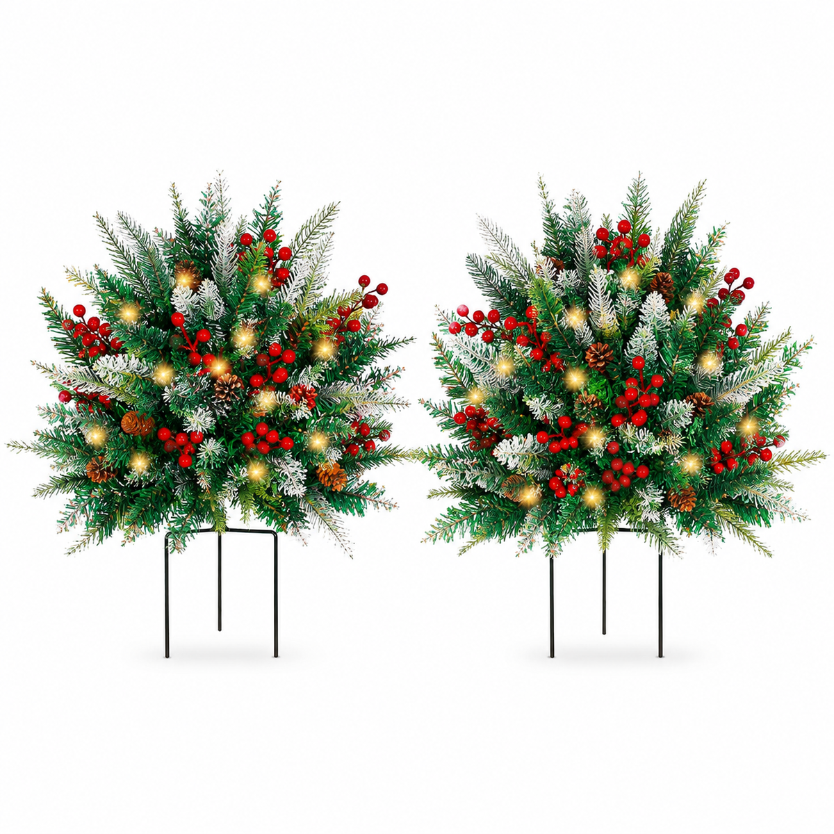 Set of 2 Pre-Lit Snowy Christmas Urn Fillers, 24-Inch Warm White LED Pine Planter Inserts with Timer