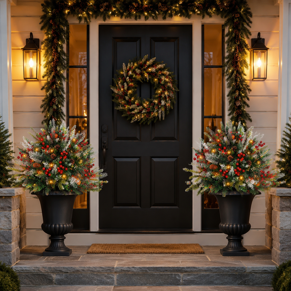 Set of 2 Pre-Lit Snowy Christmas Urn Fillers, 24-Inch Warm White LED Pine Planter Inserts with Timer