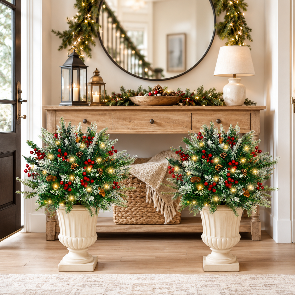 Set of 2 Pre-Lit Snowy Christmas Urn Fillers, 24-Inch Warm White LED Pine Planter Inserts with Timer