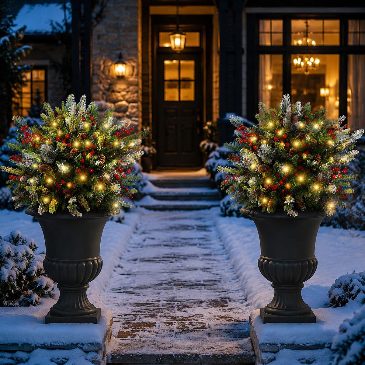 Set of 2 Pre-Lit Snowy Christmas Urn Fillers, 24-Inch Warm White LED Pine Planter Inserts with Timer