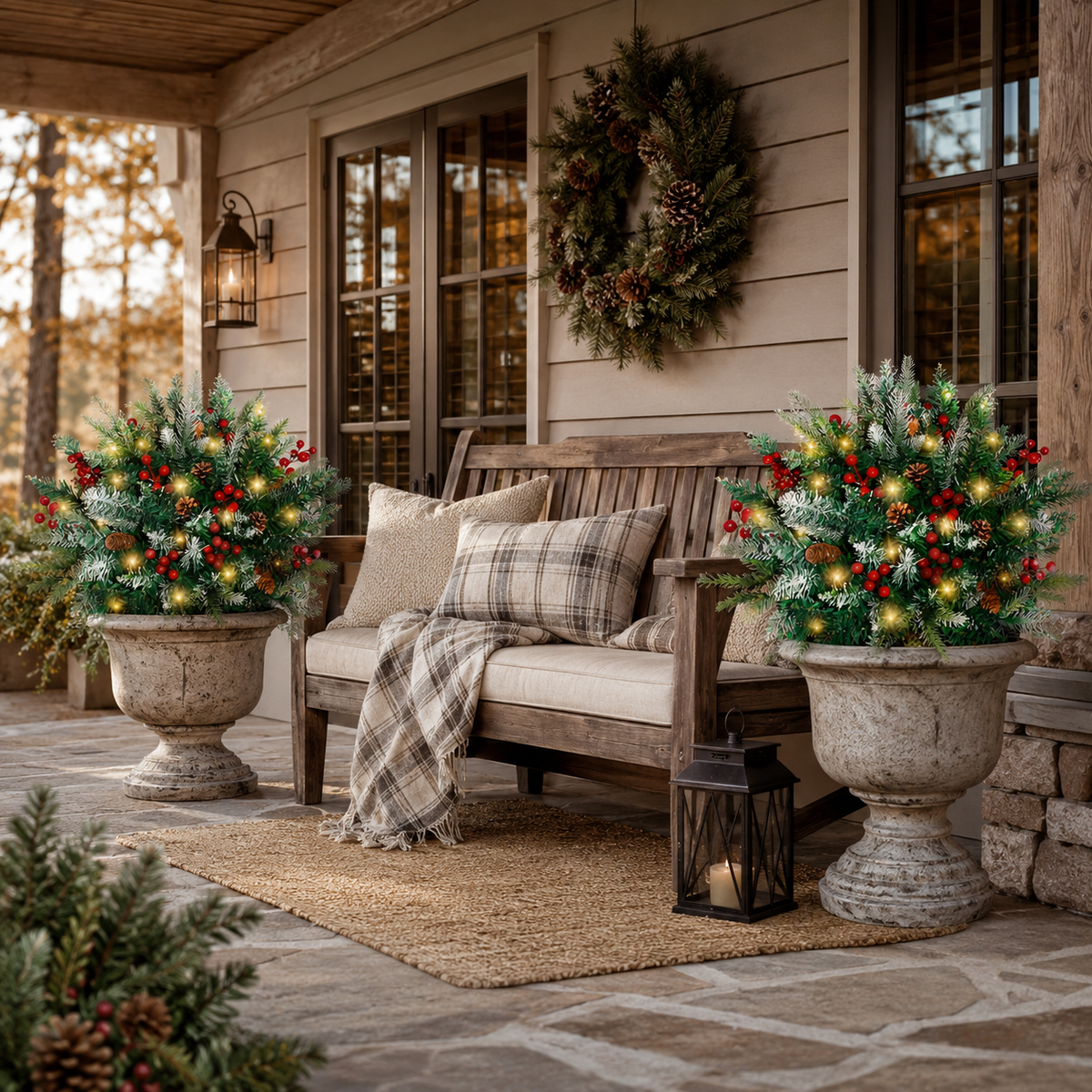Set of 2 Pre-Lit Snowy Christmas Urn Fillers, 24-Inch Warm White LED Pine Planter Inserts with Timer