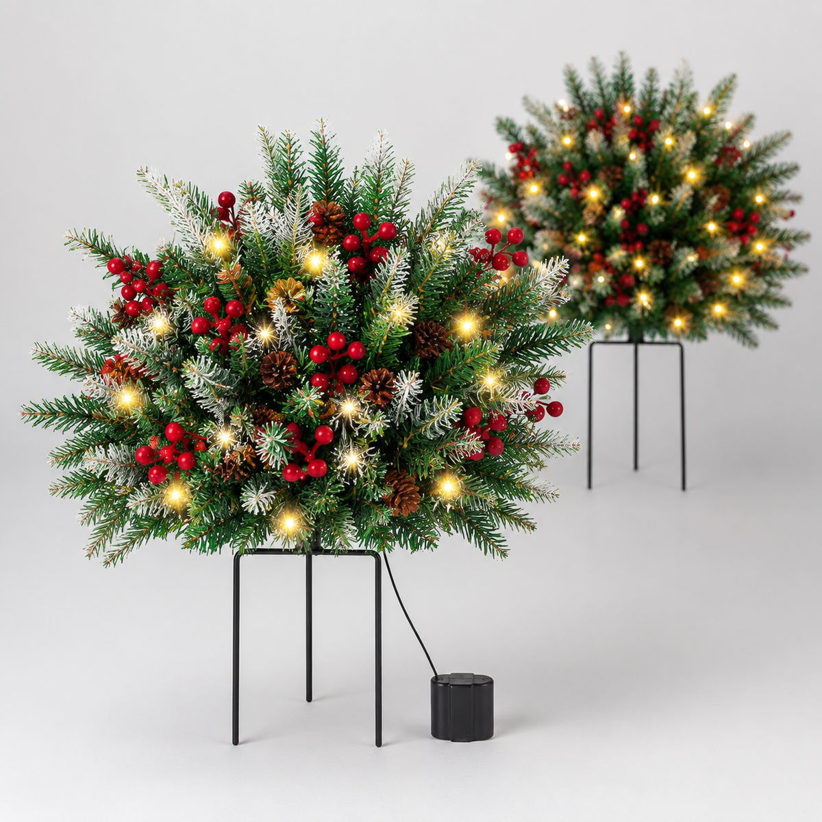 Set of 2 Pre-Lit Snowy Christmas Urn Fillers, 24-Inch Warm White LED Pine Planter Inserts with Timer