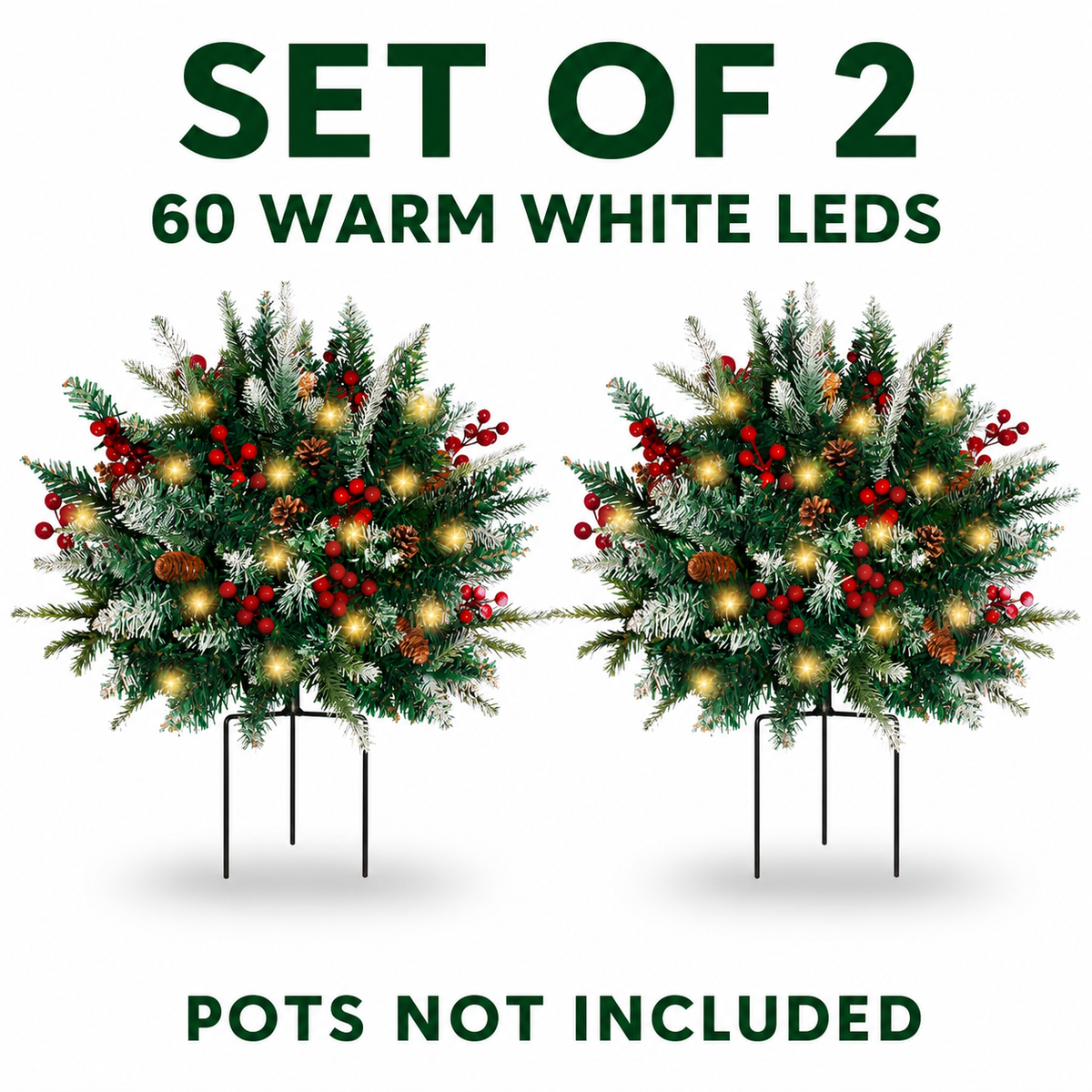 Set of 2 Pre-Lit Snowy Christmas Urn Fillers, 24-Inch Warm White LED Pine Planter Inserts with Timer