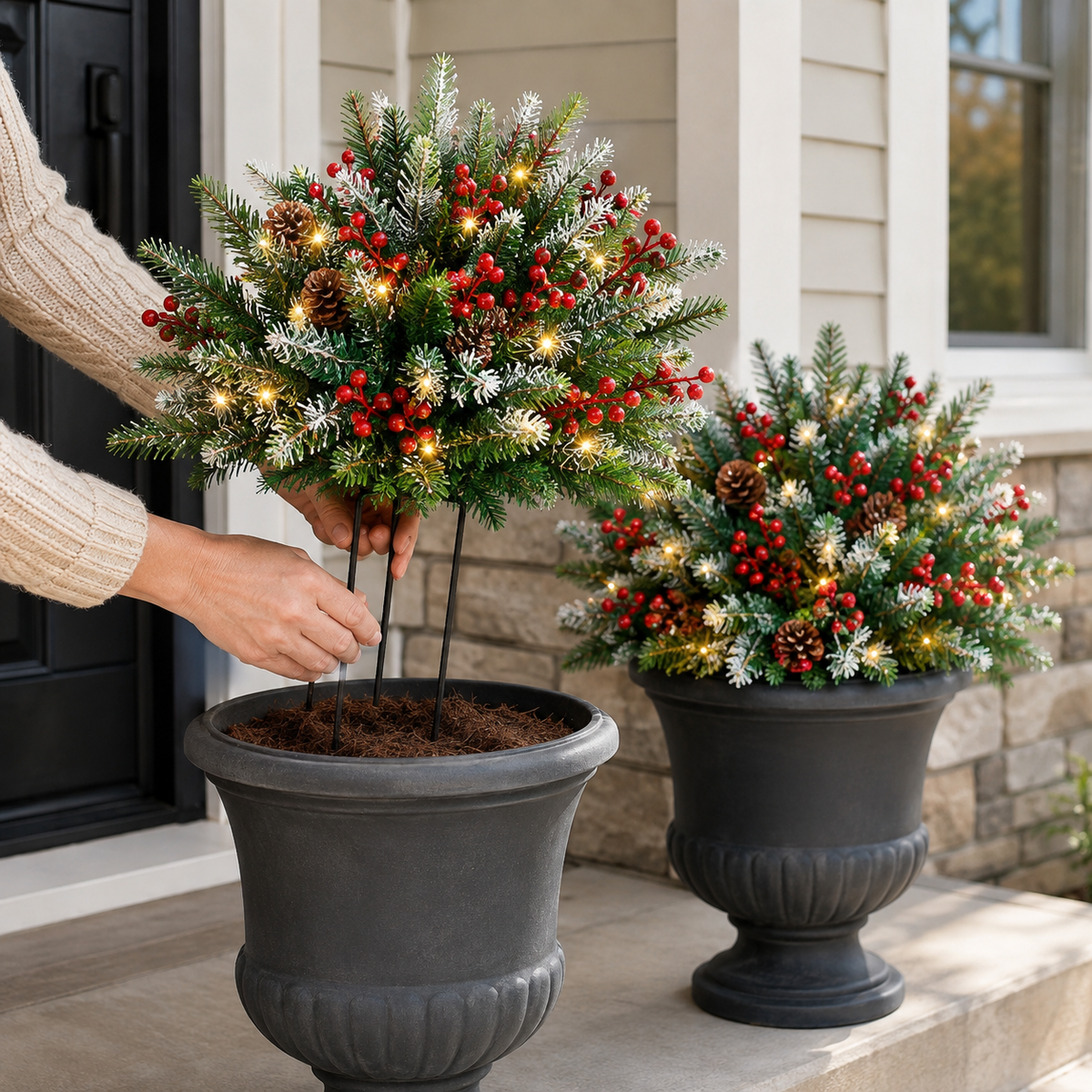 Set of 2 Pre-Lit Snowy Christmas Urn Fillers, 24-Inch Warm White LED Pine Planter Inserts with Timer