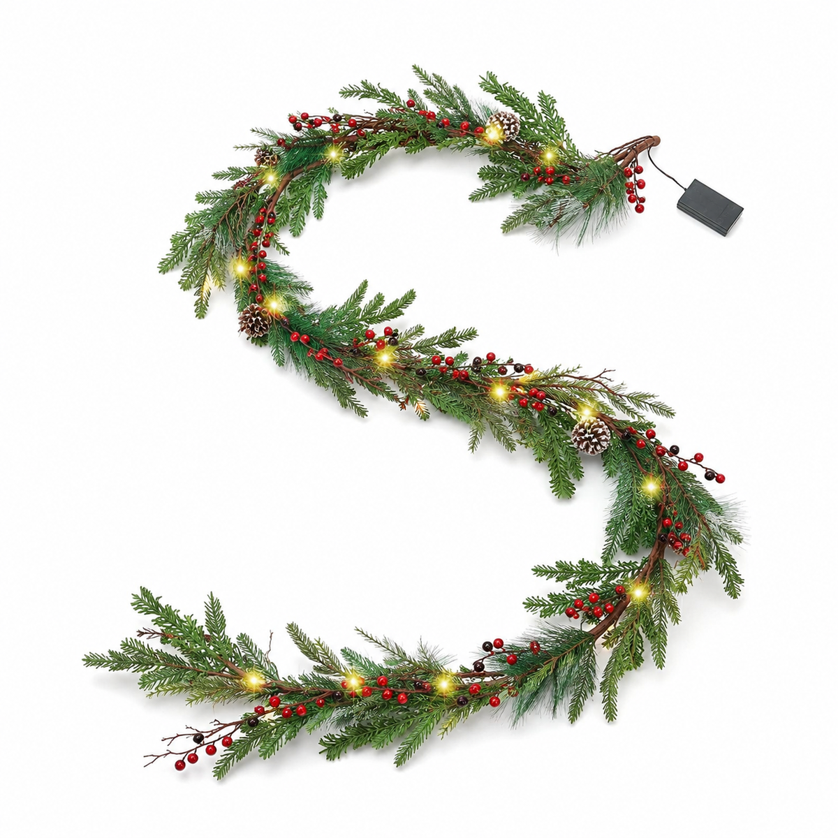 6 Ft Pre-Lit Christmas Garland, Warm White LED Mantel Greenery with Red Berries and Pine Cones, Battery Timer Holiday Decor