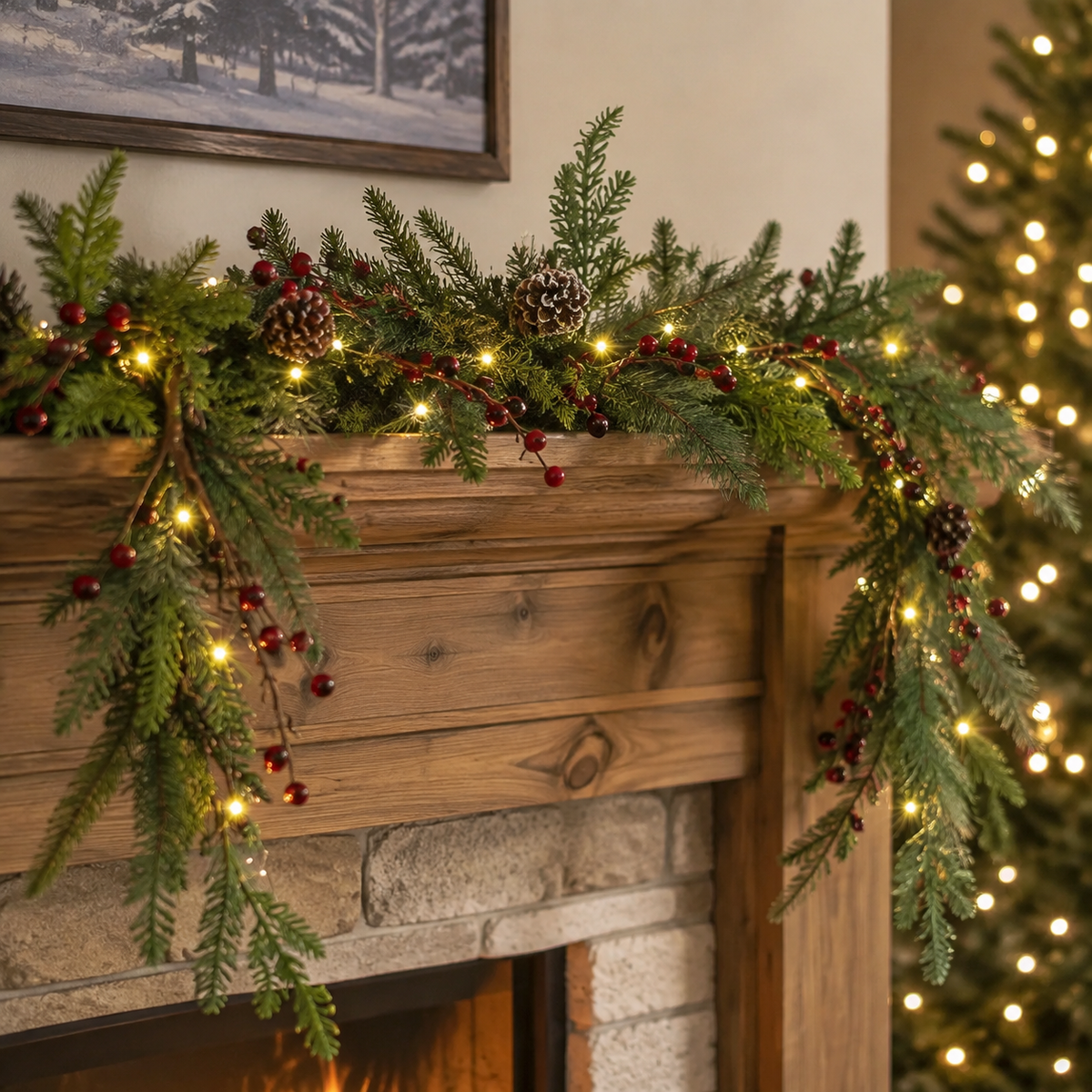 6 Ft Pre-Lit Christmas Garland, Warm White LED Mantel Greenery with Red Berries and Pine Cones, Battery Timer Holiday Decor