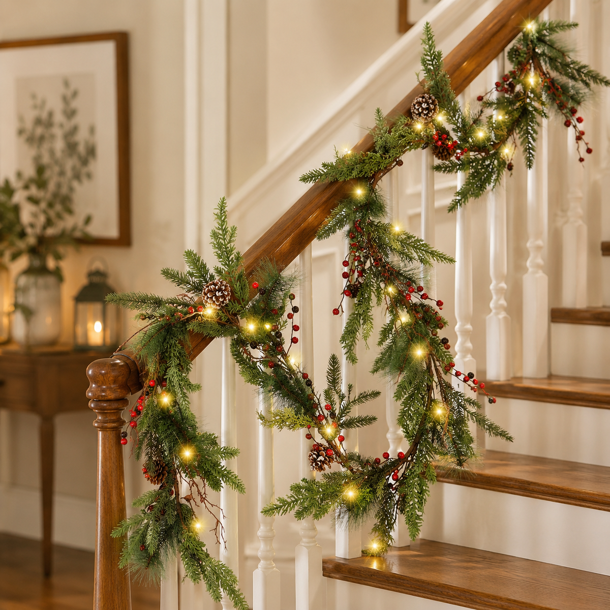 6 Ft Pre-Lit Christmas Garland, Warm White LED Mantel Greenery with Red Berries and Pine Cones, Battery Timer Holiday Decor