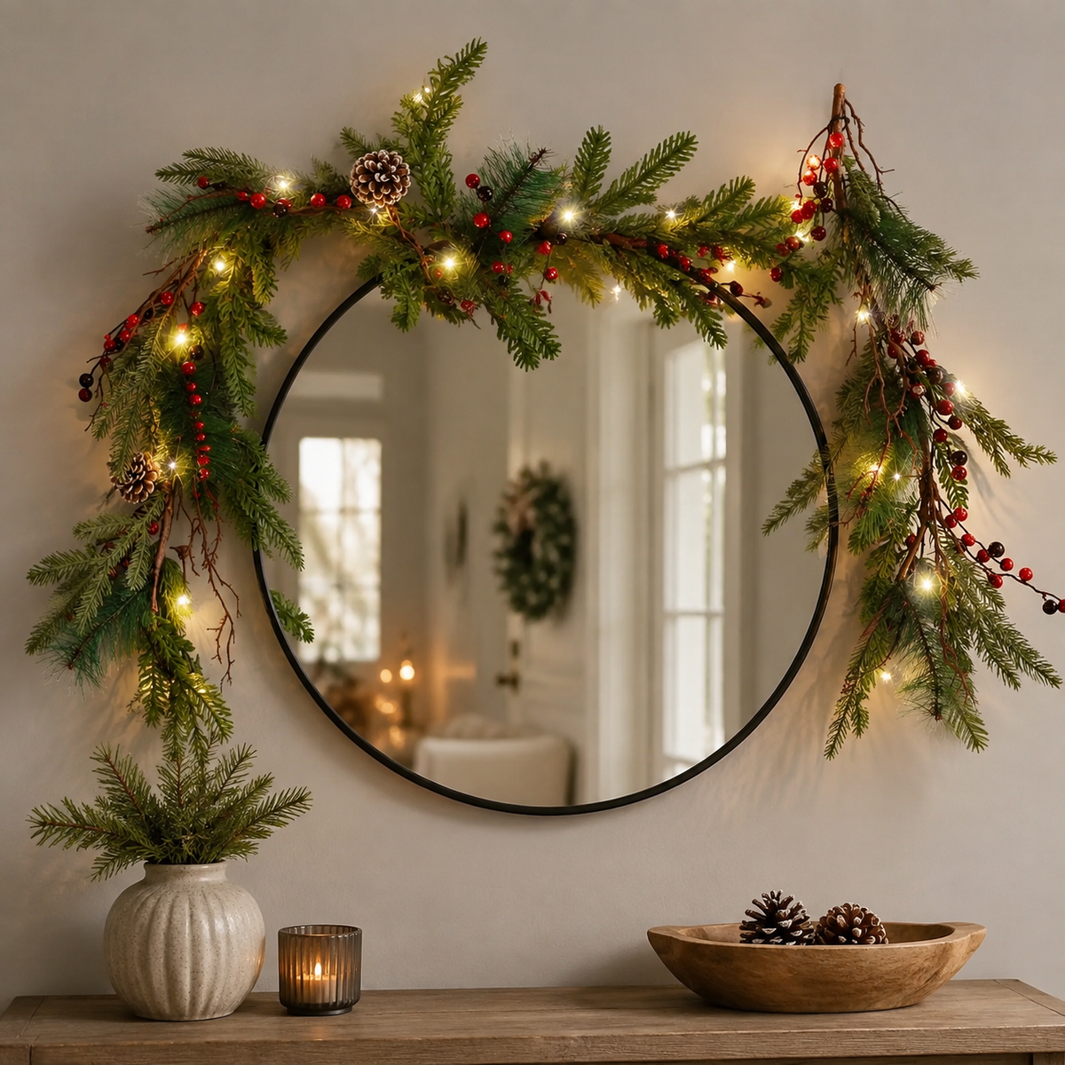 6 Ft Pre-Lit Christmas Garland, Warm White LED Mantel Greenery with Red Berries and Pine Cones, Battery Timer Holiday Decor