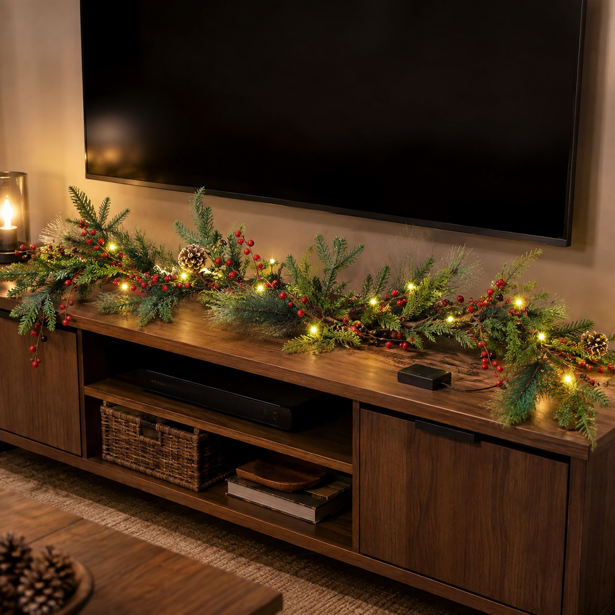 6 Ft Pre-Lit Christmas Garland, Warm White LED Mantel Greenery with Red Berries and Pine Cones, Battery Timer Holiday Decor