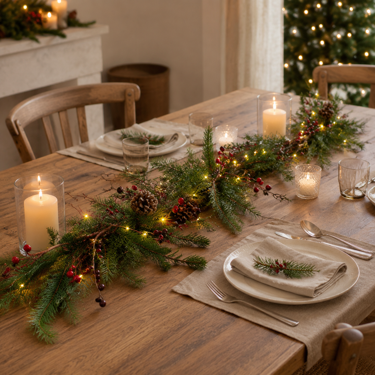 6 Ft Pre-Lit Christmas Garland, Warm White LED Mantel Greenery with Red Berries and Pine Cones, Battery Timer Holiday Decor