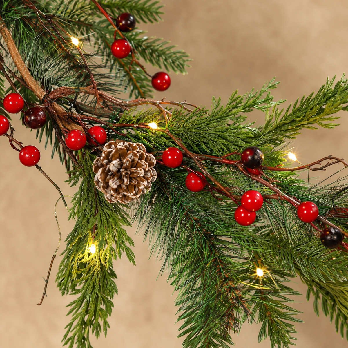 6 Ft Pre-Lit Christmas Garland, Warm White LED Mantel Greenery with Red Berries and Pine Cones, Battery Timer Holiday Decor
