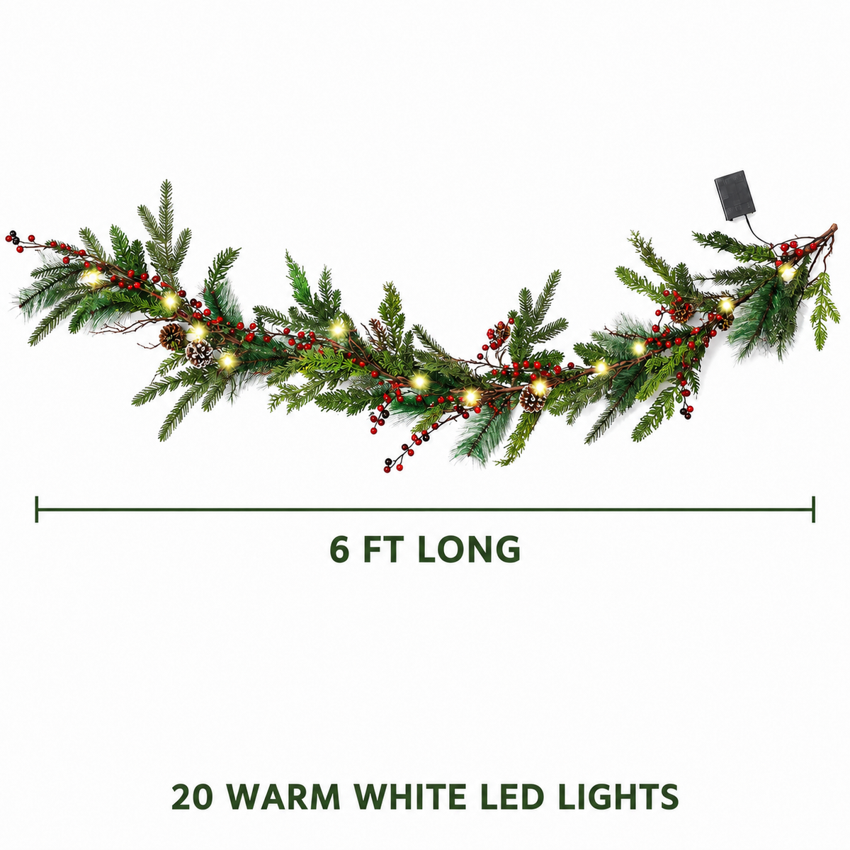 6 Ft Pre-Lit Christmas Garland, Warm White LED Mantel Greenery with Red Berries and Pine Cones, Battery Timer Holiday Decor