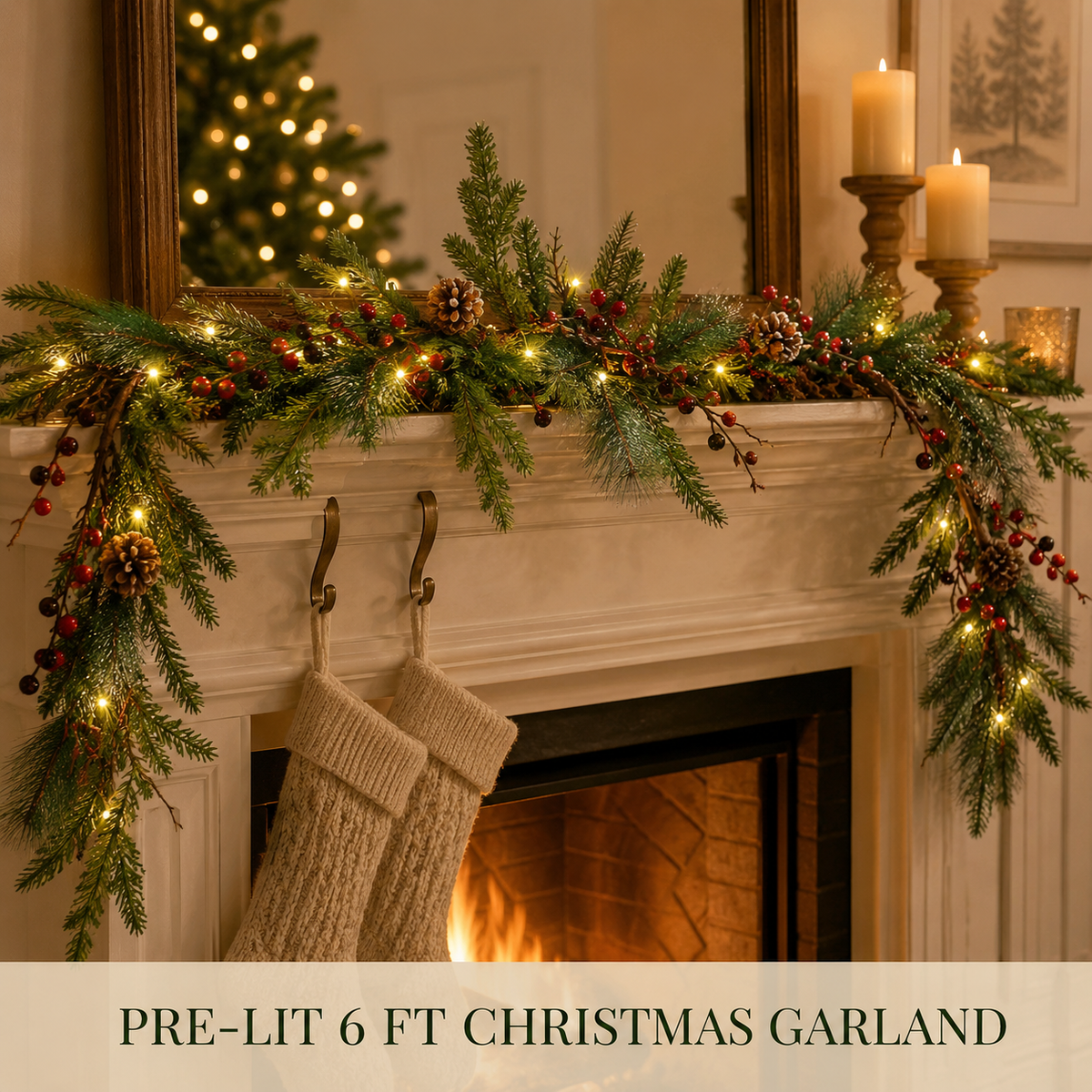 6 Ft Pre-Lit Christmas Garland, Warm White LED Mantel Greenery with Red Berries and Pine Cones, Battery Timer Holiday Decor