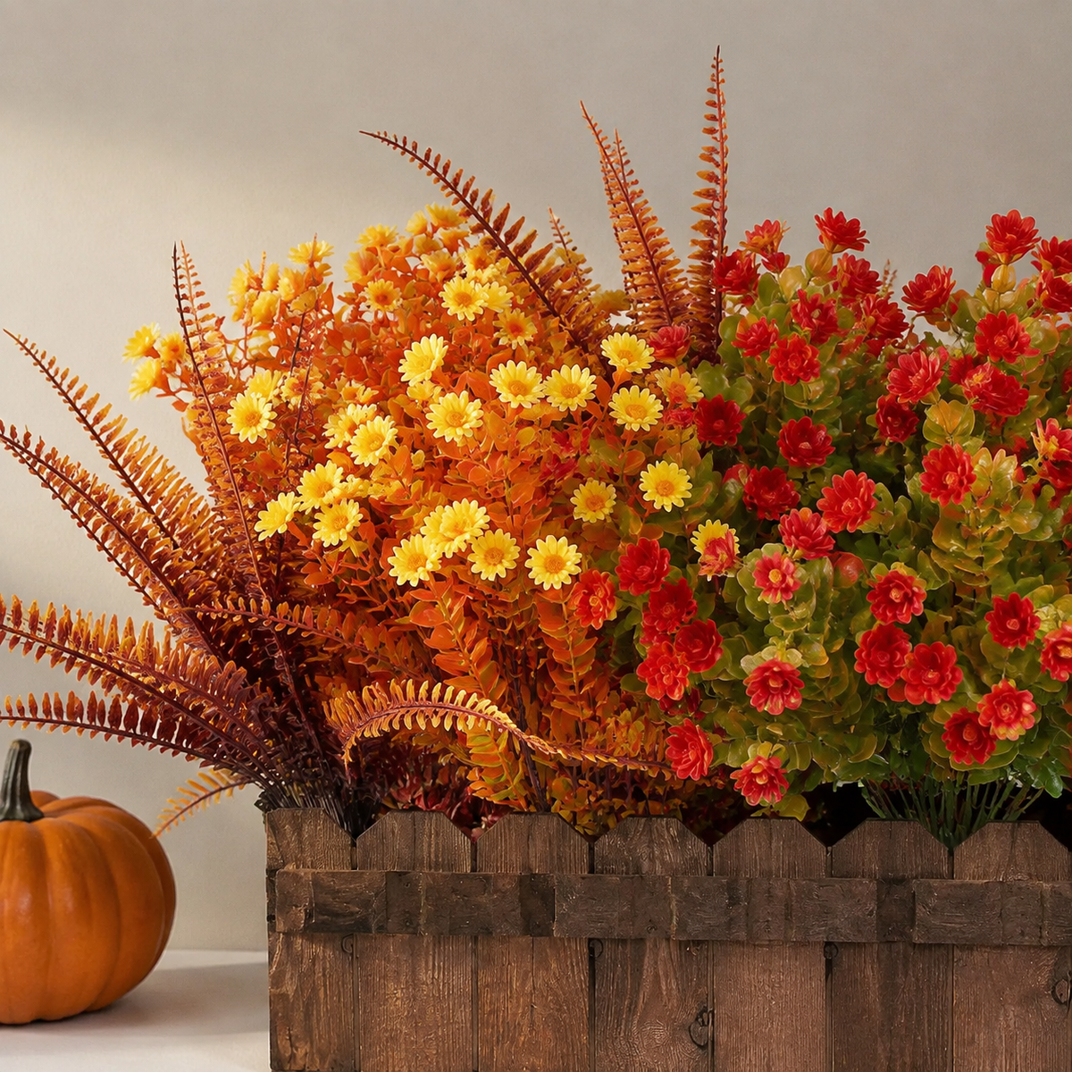 20 Bundles Artificial Fall Flowers, UV Resistant Faux Mums, Eucalyptus and Fern Stems