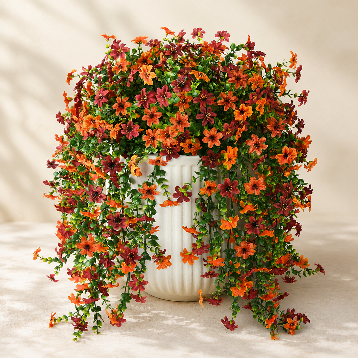 2 Bundles UV Resistant Faux Mums, Orange Burgundy Hanging Flowers, 25.6 Inch Fall Decor