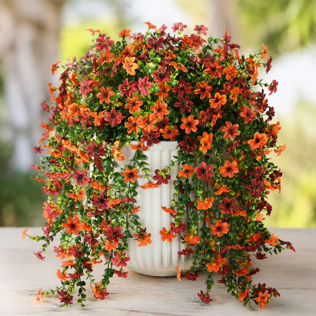 2 Bundles UV Resistant Faux Mums, Orange Burgundy Hanging Flowers, 25.6 Inch Fall Decor
