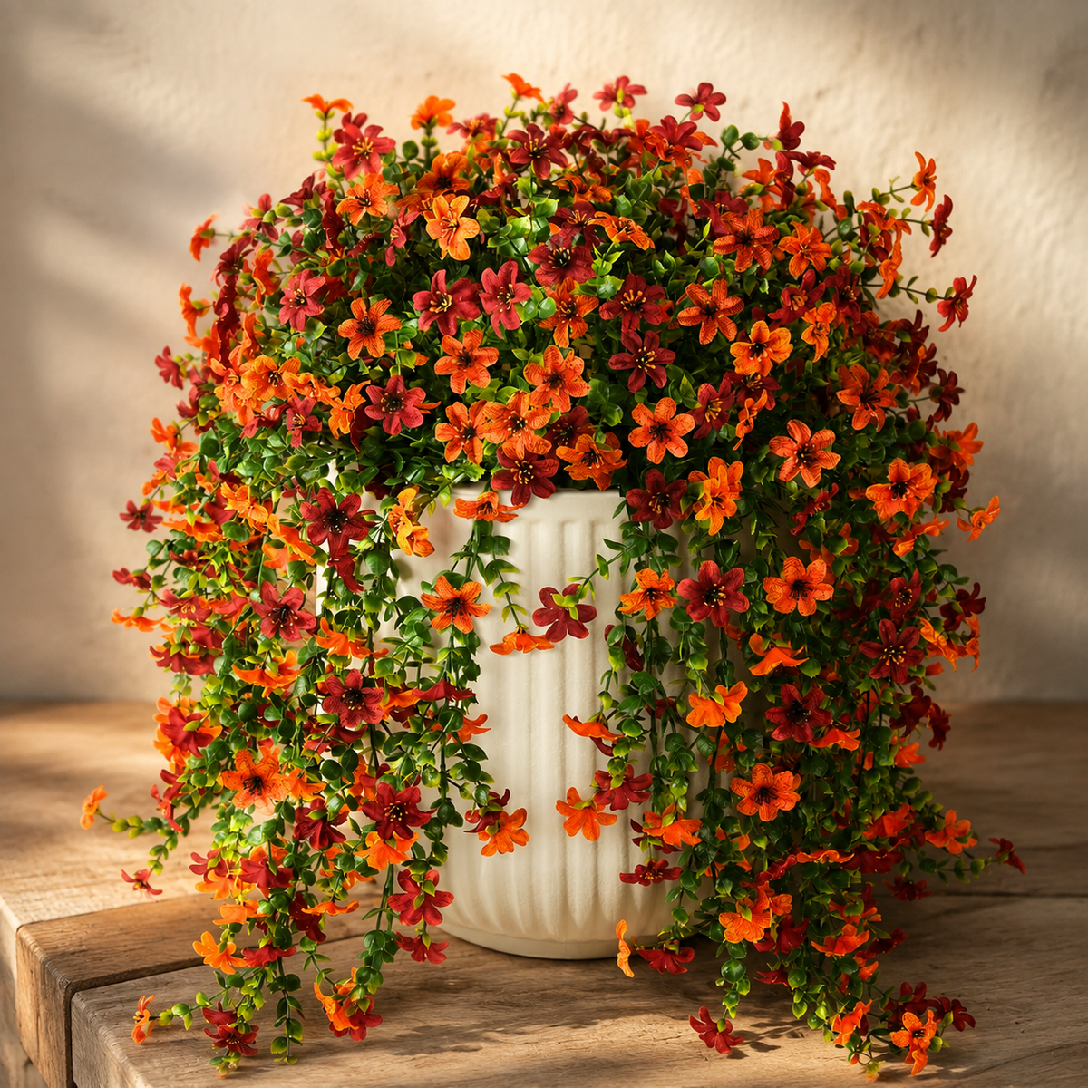 2 Bundles UV Resistant Faux Mums, Orange Burgundy Hanging Flowers, 25.6 Inch Fall Decor